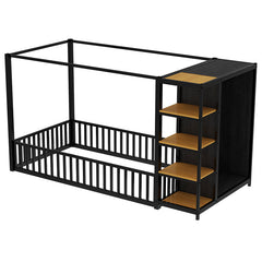 Bellemave® Metal Floor Bed with Storage Shelves and Wardrobe