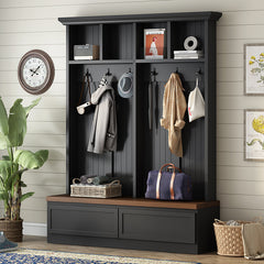 Bellemave® 75.6" Farmhouse 4-in-1 Hall Tree with Wood Grain Bench,2 Large Drawers,6 Black Hooks