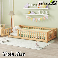 Bellemave® Twin Size Montessori Floor Bed with Safety Guardrails and Door