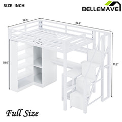 Bellemave® Metal Loft Bed With Desk, USB Ports, 5-Layer Shelf, Wardrobe and Stepped Stairs