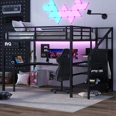 Bellemave® Metal High Loft Bed with L-shaped Desk and USB, Wardrobe and Adjustable Shelf, LED Light