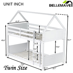 Bellemave® Twin Size Rubber Wood House Floor Bunk Bed with Headboards, Footboards and Guardrails, Ladder