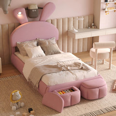 Bellemave® Twin Size Upholstered Platform Bed with Cartoon Ears Shaped Headboard and Light Bellemave®