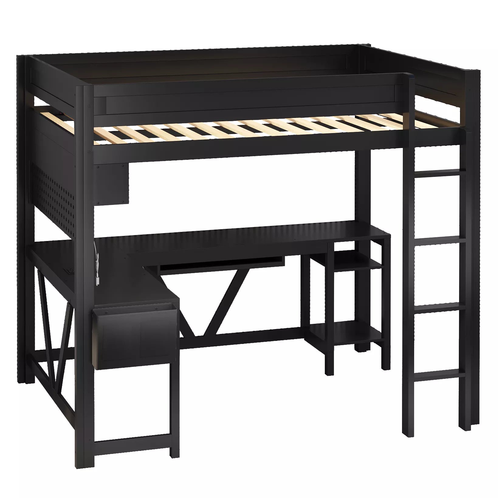 wood loft bed with desk and storage shelves