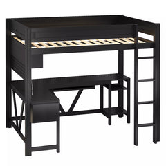 wood loft bed with desk and storage shelves