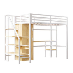 Bellemave® Twin Size Metal Loft Bed With Desk, Shelf, Wardrobe and Storage Staircase