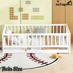 Bellemave® Twin Size Floor Bed Frame with Door and Slats,Wood Kids Montessori Floor Bed with Safety Guardrails Bellemave®