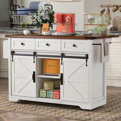 Bellemave® 53.7" Farmhouse Kitchen Island on 5 Wheels with Drop Leaf, Power Outlet, 2 Sliding Barn Door , Spice Rack