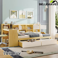 Bellemave® Wooden L-Shape Daybed with Seven Storage Cabinets and Two Storage Drawers, Study Desk and Built-in Bookshelf