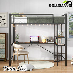 Bellemave® Twin Size Metal Loft Bed with L-Shaped Desk and Shelves, Charging Station, Led Lights, Safety Guard & Ladder