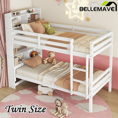 Bellemave® Twin Size Rubber Wood Bunk Bed with Shelves Headboard, Safety Guardrails and Ladder(Convertible)