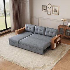 Bellemave® 84" Upholstered Pull Out Sectional Sofa with Storage Chaise and Wooden handrail