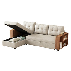 Bellemave® 84" Upholstered Pull Out Sectional Sofa with Storage Chaise and Wooden handrail