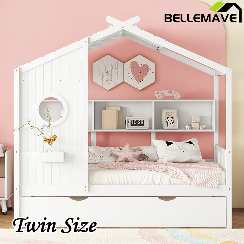 Bellemave® Wooden House Bed with Trundle and Storage Shelf