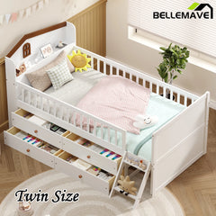 Bellemave® Twin Size Wooden Platform Bed with Storage 4 Drawers,Guardrail Headboard and Ladder