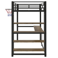 Bellemave® Twin Size Metal Loft Bed with Shelves, Desk and Basketball Hoop