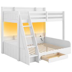 Bellemave® Twin over Full Bunk Bed with Storage Shelves, LED, Charging Station and a Drawer