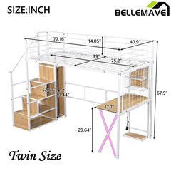 Bellemave® Metal Loft Bed with Built-in Work Station, Wardrobe, Storage Staircase and LED