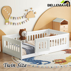 Bellemave® Solid Wood Floor Bed with Heightened Safety Guardrails and Door, No Slats Included