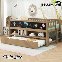 Bellemave® Twin Size Wood Low Loft Bed with Storage Shelves, Blackboard and Trundle