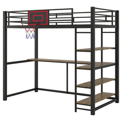 Bellemave® Twin Size Metal Loft Bed with Shelves, Desk and Basketball Hoop