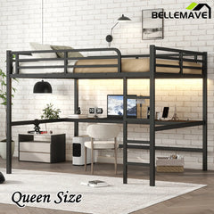 Bellemave® Queen Size Metal Loft Bed with Power Outlet and LED Lighted
