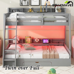 Bellemave® Twin over Full Bunk Bed with Storage Shelves, LED, Charging Station and a Drawer