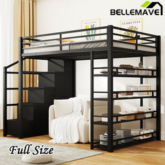 Bellemave® Full Size Metal Loft Bed with Storage Shelves, Cabinets and Wardrobe