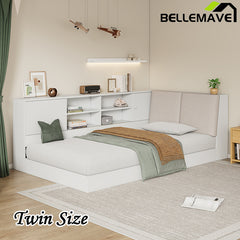 Bellemave® Twin Size Wooden L-Shaped Daybed with Storage Bookcase and Upholstered Headboard and USB Charging Ports