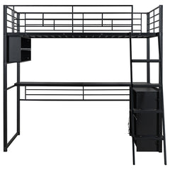 Bellemave® Metal Loft Bed with LED, Desk and 4 Storage Shelves