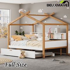 Bellemave® Wooden House Bed with Original Wood Color Frame with Trundle Bed and Bookshelf Storage Space