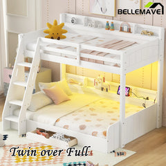 Bellemave® Twin over Full Bunk Bed with Storage Shelves, LED, Charging Station and a Drawer