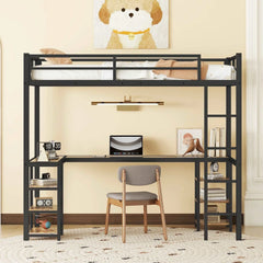 Bellemave® Metal Loft Bed with Desk and Shelves