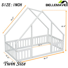 Bellemave® Wood House-Shaped Floor Bed with Fence and Guardrails