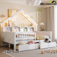 Bellemave® Full Size House Bed with LED Light and Storage Shelves, Drawers and Guardrail