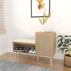 Bellemave® 2-in-1 Natural Rattan Shoe Cabinet with 2 Adjustable Shelves and Removable Seat Cushion