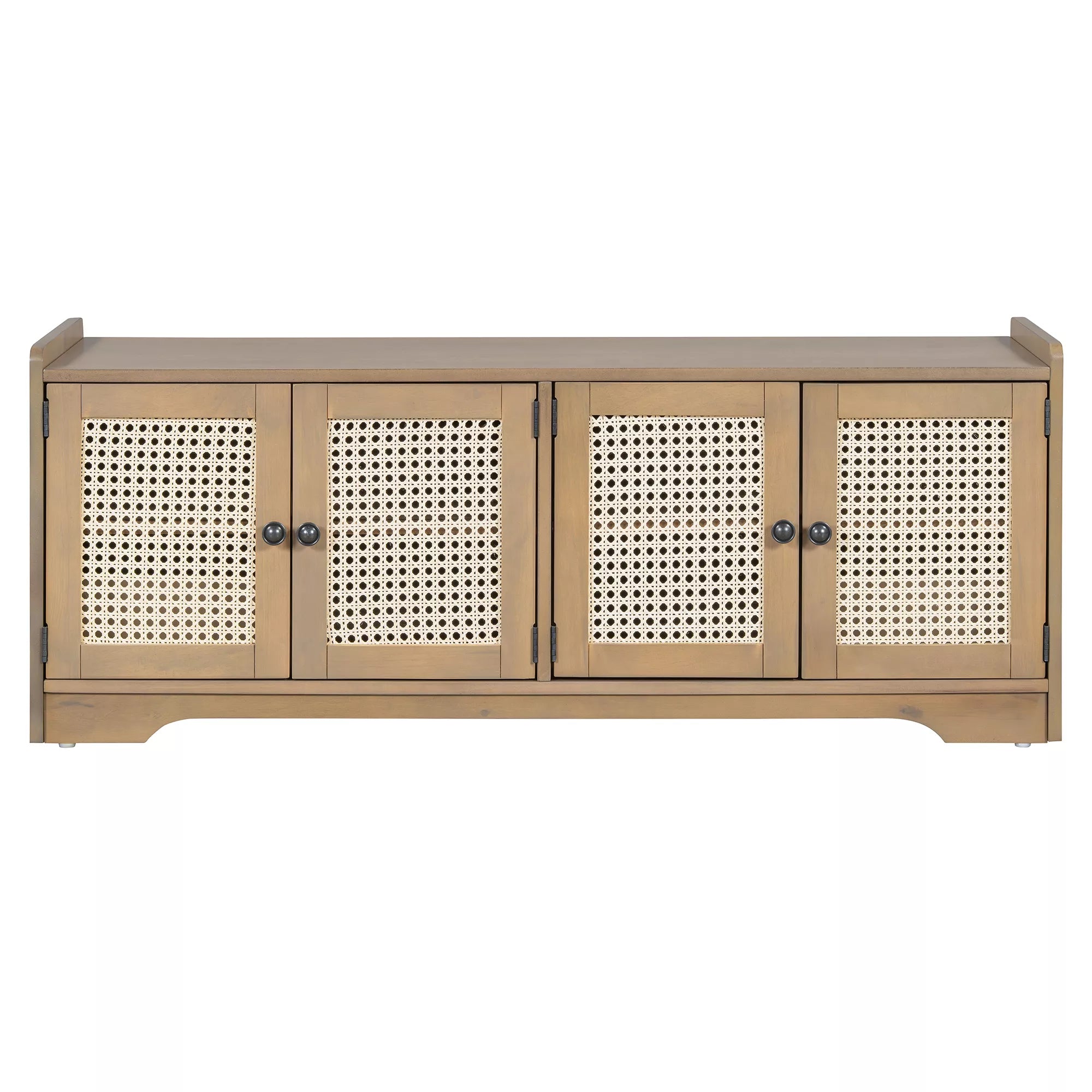 Front view of wood storage bench with four cabinet doors