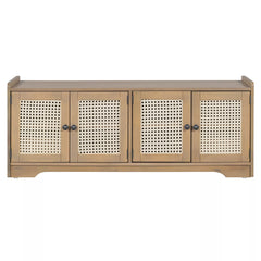 Front view of wood storage bench with four cabinet doors