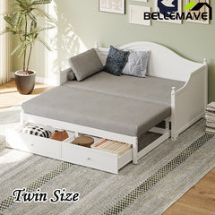 Bellemave® Twin Size Wood Daybed with Extended Pop Up Trundle and Storage Drawers