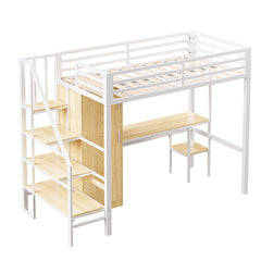 Bellemave® Twin Size Metal Loft Bed With Desk, Shelf, Wardrobe and Storage Staircase