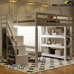 Bellemave® Wooden Loft Bed with Shelves, Storage Staircase, Small Wardrobe and White LED Light