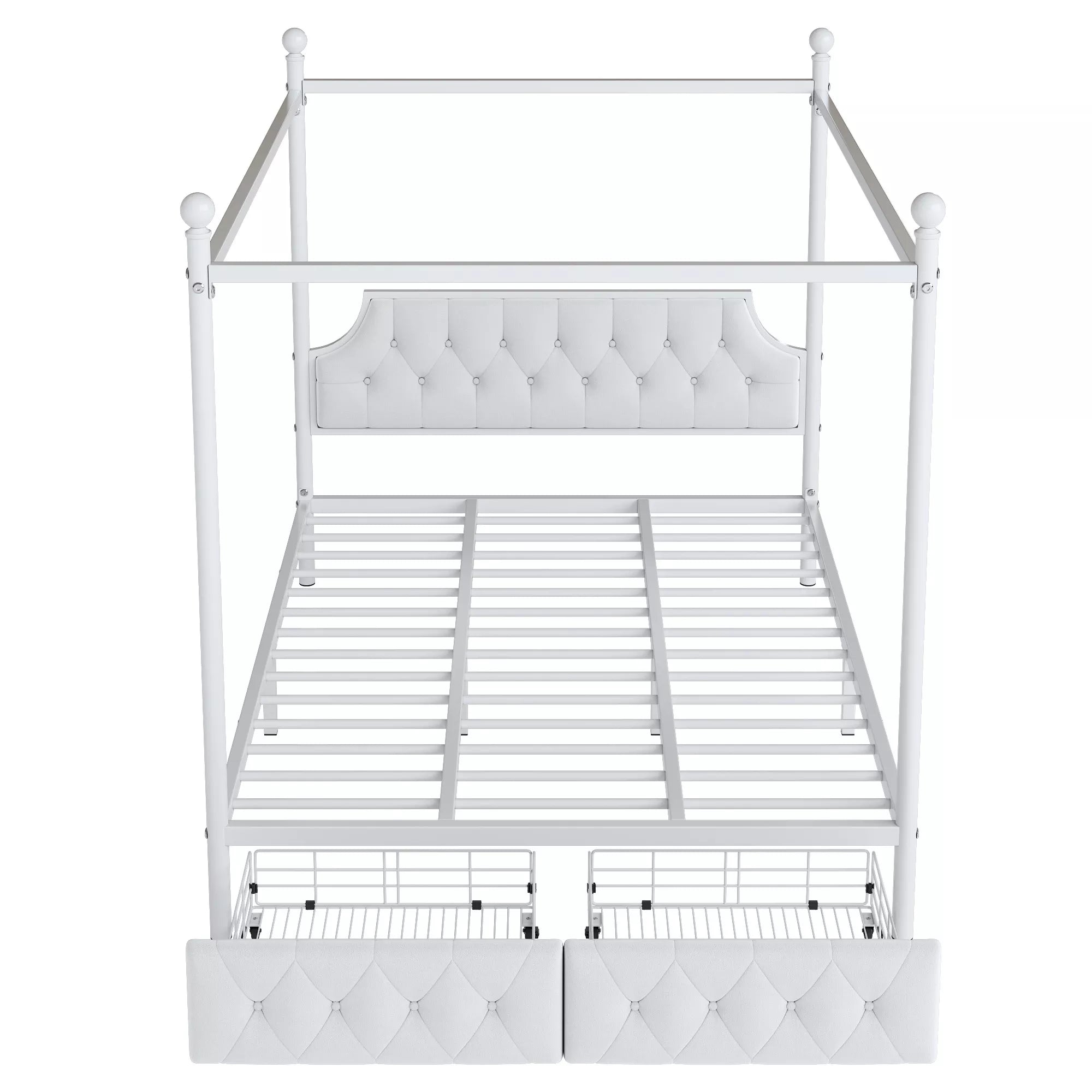 Bellemave® Queen Upholstered Canopy Bed Frame with 2 Drawers, Headboard & Storage, Four-Poster Metal Platform Bed Frame, White Bellemave®