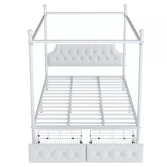Bellemave® Queen Upholstered Canopy Bed Frame with 2 Drawers, Headboard & Storage, Four-Poster Metal Platform Bed Frame, White Bellemave®