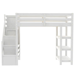 Bellemave® Wooden Loft Bed with Shelves, Storage Staircase, Small Wardrobe and White LED Light