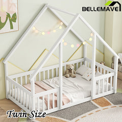 Bellemave® Wood House-Shaped Floor Bed with Fence and Guardrails