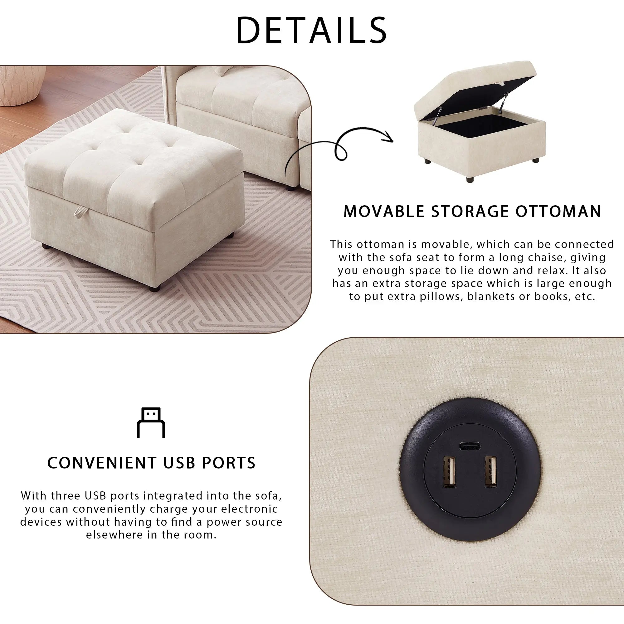 Bellemave® 96.45" Modular Sofa Couch with Three USB Ports, a Removable Storage Ottoman and Five Back Pillows Bellemave®