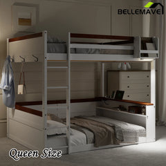 Bellemave® Queen Size Wooden Bunk Bed with Built-in Shelves,Storage Box,LED Light and USB Charging Station