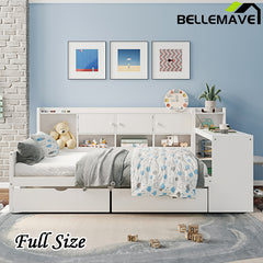 Bellemave® Wooden L-Shape Daybed with Seven Storage Cabinets and Two Storage Drawers, Study Desk and Built-in Bookshelf