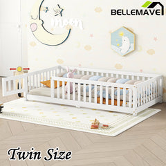 Bellemave® Twin Size Montessori Floor Bed with Safety Guardrails and Door