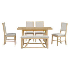 Bellemave® 6-Piece Retro Dining Set, 1 Rectangular Table with Designed Trestle Base and 4 Upholstered Chairs and 1 Bench